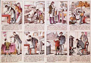 Tafel, die die Geschichte der Kohleproduktion und verschiedene Derivate wie Diamant, Koks (Brennstoff), Graphit und Öl beschreibt (Gravur)