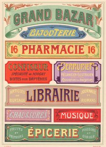 Tafel Nr. 18: Beschilderungsmodelle für Jugendstil-Schildermaler (Großes Kaufhaus, Schmuck, Apotheke, Konditor, Schlosser, Buchhandlung, Schuhe, Musik, Lebensmittelgeschäft)