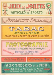 Tafel Nr. 20: Beschilderungsmodelle für Jugendstil-Schildermaler (Spiele und Spielzeug, Bäckerei-Konditorei, Tabak, Fotografie) von French School