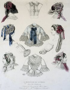 Tafel mit Tassen und Korsetts - in „Le Moniteur de la Mode“ von French School