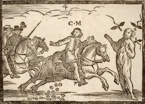 Politische Pamphlete Mazarinade: Mazarin lässt auf seiner Flucht Écus fallen: der Schatten von Concini, Marschall von Ancre, steht vor ihm. Holzschnitt 1651