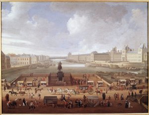 Pont-Neuf, Paris, gesehen vom Eingang zur Place Dauphine mit Blick auf das Collège des Quatre-Nations, Quai Malaquais und Louvre
