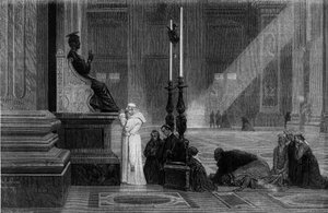 Papst Pius IX. (1792-1878) betet nahe der Statue des Heiligen Petrus in der Basilika St. Peter in Rom. Gravur aus „Rom: Beschreibung und Erinnerungen“ von Francis Wey, 1870er Jahre. von French School