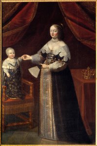 Ganzkörperporträt von Anna von Österreich (1601-1666), Königin von Frankreich mit Ludwig XIV. als Kind von French School