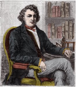 Porträt von Andre Marie Ampere (1775-1836) französischer Physiker - Andre-Marie Ampere (1775-1836), französischer Physiker und Pionier der Elektrodynamik - Gravur in "Wissenschaften für alle zugänglich gemacht - Physik und Chemie" von Alexis Clerc - Ende d
