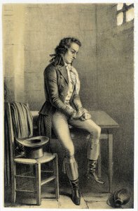 Porträt von Antoine Barnave (1761-1793), französischer Revolutionär im Gefängnis. - in „Galerie historique de la Révolution Française“ von Albert Maurin, ed. Paris 1843
