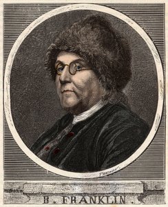 Porträt von Benjamin Franklin (1706-1790), amerikanischer Drucker, Verleger, Wissenschaftler, Erfinder, Staatsmann und Diplomat - Gravur in „Wissenschaften für jedermann - Physik und Chemie“ von Alexis Clerc - Ende des 19. Jahrhunderts - Private Sammlung von French School