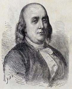 Porträt von Benjamin Franklin (1706 - 1790), amerikanischer Politiker, Memorialist, Pamphletist und Physiker - im „Album der Wissenschaft; berühmte Gelehrte; Große Entdeckungen“ 1896. von French School