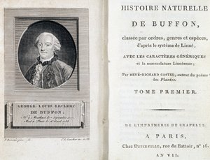 Porträt von Buffon und die Titelseite von „Naturgeschichte von Buffon“