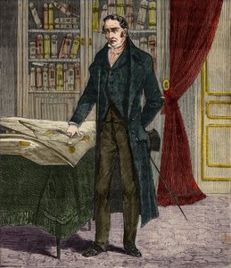 Porträt von George Stephenson (1781-1848), britischer Ingenieur und Pionier der Eisenbahnlokomotiven - Gravur in „Wissenschaften für alle - Populäre Physik und Chemie“ von Alexis Clerc - Ende 19. Jahrhundert - Private Sammlung