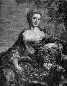 Porträt von Madame de Chateauroux, Marie-Anne de Mailly-Nesle (1717-1744), Favoritin von König Ludwig XV. Gravur in „Die Geschichte der Prostitution und Ausschweifung unter allen Völkern der Welt von der Antike bis zur Gegenwart“ von Dr. Th. -F. Debray. 18 von French School