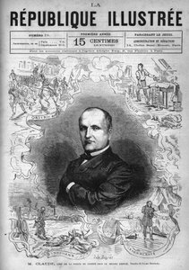 Porträt von Monsieur Claude (Antoine Francois Claude dit) (1807-1880), französischer Polizist und Schriftsteller, Chef der Sicherheitspolizei unter dem Zweiten Kaiserreich. Eine Zeitung. Gravur von 1880 in „La republique illustree“ private Sammlung. von French School