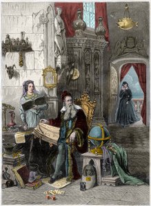 Porträt von Nostradamus, Michel de Notre Dame (1503-1566), französischer Astrologe und Arzt mit Catherine de Médicis (1519-1589) - Gravur des 19. Jahrhunderts