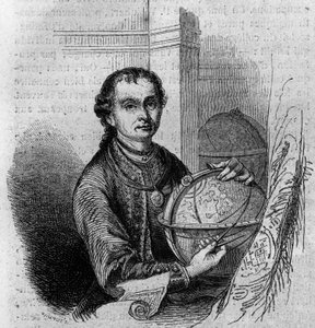 Porträt von Peter Anich (1723-1766), Tiroler Astronom und Kartograph, hält einen Globus und einen Kompass. Gravur in „Le Magasin pittoresque“