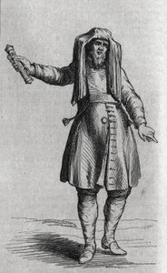 Porträt eines jüdischen Mannes, der die Mesusoth (Mezouzoth, Mezouzah, Mezouza) hält. Gravur in „Le Magasin Pittoresque“ von French School