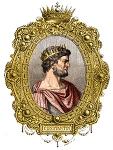 Porträt des römischen Kaisers Konstantin I. der Große (274-337). Stich in „Histoire des papes-rois-reines-et-empereurs à travers les siècles“ von Maurice Lachatre von French School