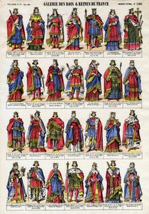 Porträt der Könige und Königinnen von Frankreich aus der Kapetingischen Dynastie von Lothaire bis Ludwig X. Epinal-Bildgebung Ende des 19. Jahrhunderts. Private Sammlung. von French School