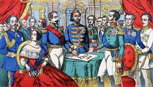 Porträt der Herrscher Europas während des Friedensvertrags 1856: von links nach rechts, Victor Emmanuel II (Victor Emmanuel) (Vittorio Emanuele), König von Sardinien, Victoria, Königin von England, Napoleon III., Türkischer Kaiser, Alexander II., König von