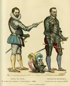 Porträts von Henri I de Guise, genannt der Balafré (1549-1588) im Mantel des Infanteriegenerals 1580 und von François de Montmorency (1530-1579), Marschall von Frankreich um 1576. Farbige Gravur, in „Frankreich und die Franzosen durch die Jahrhunderte“ von