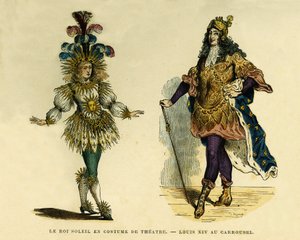 Porträts von König Ludwig XIV. (1638-1715), im Theaterkostüm und Karussell. Farbgravur, in „Frankreich und die Franzosen durch die Jahrhunderte“ von Augustin Challamel, F. Roy Herausgeber, Paris 1882. Sammlung Selva. von French School