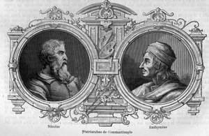 Porträts von Nikolaus dem Mystiker (10. Jahrhundert) und Euthymius von Athos (955-1028), Patriarchen von Konstantinopel. Gravur in „Histoire des Papes-Rois-Queen and Empereurs à travers les siècles“ von Maurice Lachatre von French School