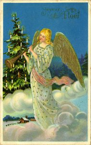 Postkarte, Weihnachtsgrüße: Engel mit Trompete auf Wolken. Anfang des 20. Jahrhunderts