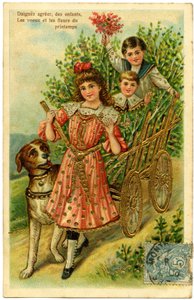 Postkarte, bitte akzeptieren Sie, Kinderwünsche und Frühlingsblumen
