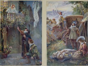 Postkarten darstellend Cyrano de Bergerac mit Roxanne und den Tod von Christian, ca. 1900 von French School