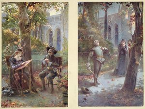 Postkarten darstellend Cyrano de Bergerac mit Roxanne, ca. 1900 von French School