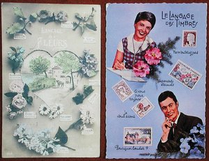 Postkarten, die die Sprache der Blumen darstellen, ca. 1913 und der Briefmarken, ca. 1963
