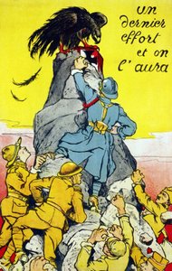 Plakat „Ein letzter Kraftakt und wir haben es“: Verbündete (Frankreich, USA, Russland, etc.) erreichen den Gipfel eines Felsens, auf dem der deutsche Adler thront. Lithographie 1917 von French School