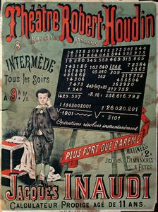 Plakat, das einen Auftritt von Jacques Inaudi (1867-1939) im Théâtre Robert Houdin, Paris, 1878, bewirbt