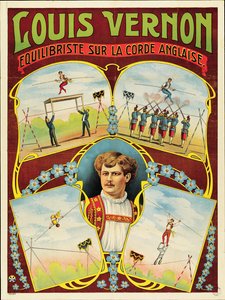 Plakat, das Seiltanzvorführungen von Louis Vernon bewirbt