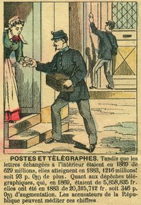 Post und Telegraphen, die das gute Funktionieren der Telekommunikation und der Post dank der Republik veranschaulichen. Gravur in „Le Figaro, Supplement“, am 30.03.1889, Paris. Sammlung Selva.