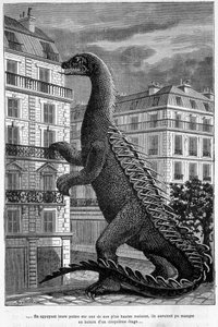 Prähistorische Tiere: durch Drücken ihrer Pfoten auf eines unserer höchsten Häuser hätten sie auf dem Balkon des 5. Stocks essen können - Umschlag von Camille Flammarions Buch „Le monde avant la création de l