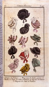 Mode des Premier Empire: verschiedene Modelle von Damenhüten, Samthelm, Satinhüte, Hut und Kondome. Stich von 1811 von French School