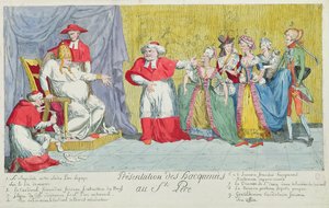 Vorstellung der Stuten an den Heiligen Vater, Karikatur der Einführung von Adelaide (1732-1800) und Victoire de France (1733-99) beim Papst, 17. April 1791 von French School