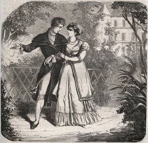Prinzessin von Wales Carolina von Braunschweig (1768-1821) spaziert mit ihrem Liebhaber Bartolomeo Bergami. Gravur von 1871 in „Histoire Des Cocus Célèbres“ von Henry de Kock (1819-1892). von French School