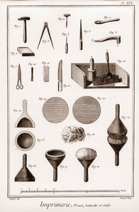 Druckerpresse, Utensilien und Werkzeuge - „Die Große Enzyklopädie, ou Dictionnaire Raisonné des Sciences, des Arts et des Métiers“ (Enzyklopädie oder Wörterbuch der Wissenschaften, Künste und Berufe) von Denis Diderot (1713-1784) und Jean d
