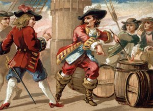 Freibeuter Jean Bart (1650-1702) bedrohte einen englischen Freibeuter, der ihn gefangen nahm, indem er ihm drohte, sein Schiff in die Luft zu sprengen, indem er ein Pulverfass in Brand setzte. Chromolithographie aus dem späten 19. Jahrhundert von French School
