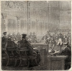 Prozess vor dem Königlichen Gerichtshof von Poitiers gegen General Jean Baptiste Breton (Jean-Baptiste) genannt Berton (1769-1822) im Jahr 1822 von French School