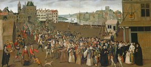 Prozession der Heiligen Liga auf dem Place de Grève, verlässt den Saint-Jean-Bogen, Paris, 1590-3