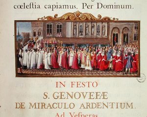 Prozession des Reliquiars der Heiligen Genoveva, aus einem Manuskript für eine Messe zu Ehren der Heiligen Genoveva von French School