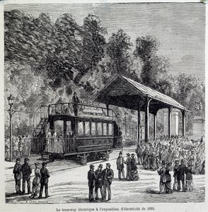 Fortschritte im Transport: die elektrische Straßenbahn, ausgestellt auf der Elektrizitätsausstellung 1881. Gravur des 19. Jahrhunderts von French School