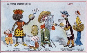 Werbe- und Bildungskarte, die Lebensmittelspezialitäten der Region Lot darstellen, ca. 1910 von French School