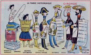 Werbe- und Bildungskarte für Kinder, die Lebensmittelspezialitäten der Region Gironde darstellen, ca. 1910 von French School