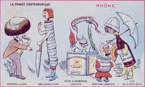 Werbe- und Bildungskarte für Kinder, die Lebensmittelspezialitäten der Region Rhone darstellen, ca. 1900 von French School