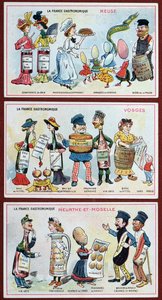 Werbe- und Bildungskarten für Kinder, die Lebensmittelspezialitäten der Region Lothringen darstellen, ca. 1910 von French School