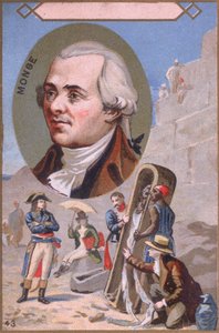 Werbekarte, die Gaspard Monge (1746-1818) zeigt, wie er Napoleon Bonaparte (1769-1821) während der ägyptischen Kampagne eine Mumie präsentiert, späte 19. Jahrhundert