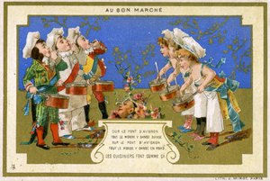 Werbekarte für das Pariser Kaufhaus Au Bon Marché, die Köche zeigt, die auf der Brücke von Avignon tanzen, ca. 1895 von French School